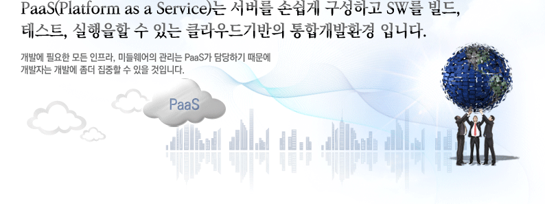 PaaS(Platform as a Service)는 서버를 손쉽게 구성하고 SW를 빌드, 테스트, 실행을할 수 있는 클라우드기반의 통합개발환경 입니다. 개발에 필요한 모든 인프라, 미들웨어의 관리는 PaaS가 담당하기 때문에 개발자는 개발에 좀더 집중할 수 있을 것입니다.